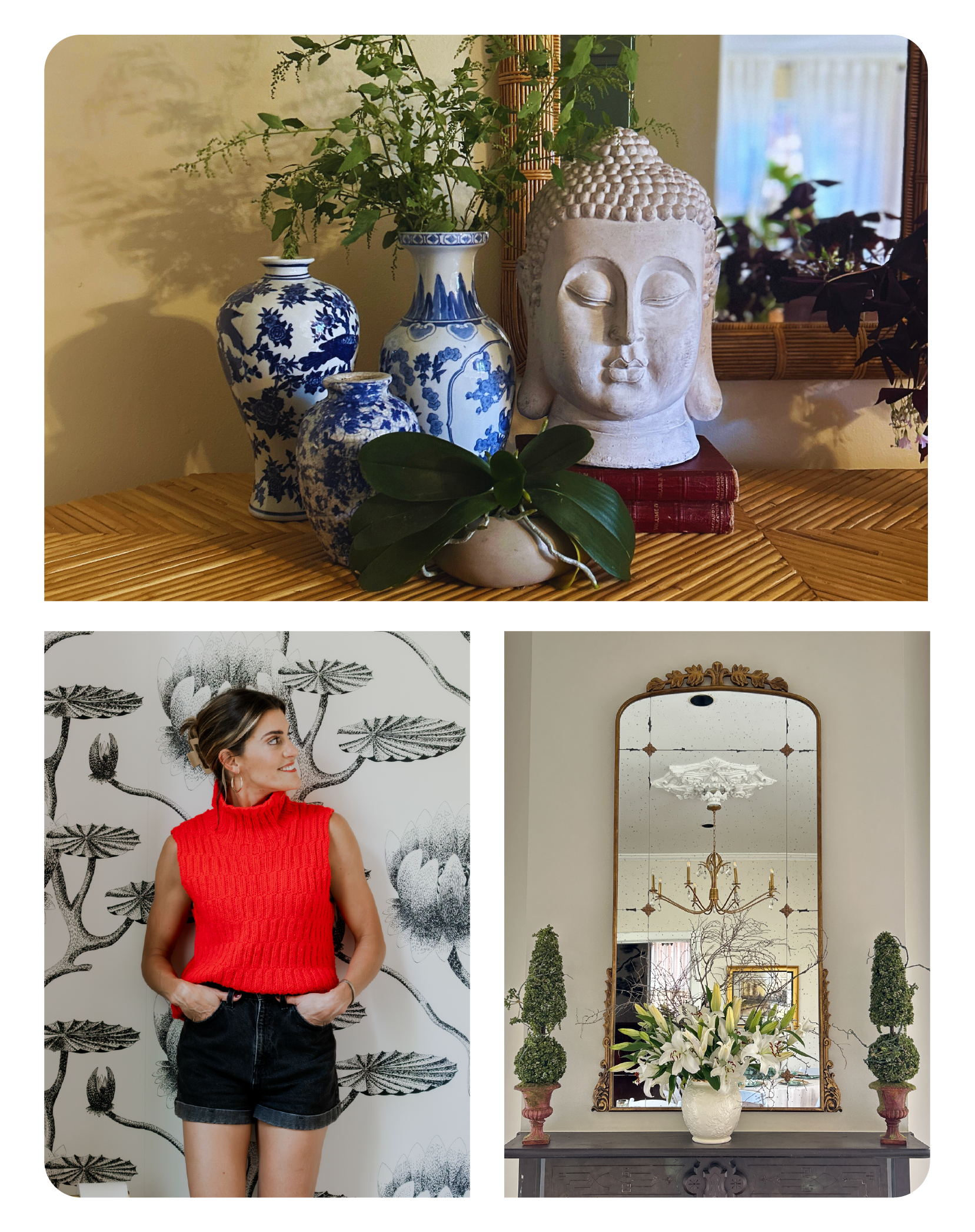 Styled bookshelf with vintage books, art, and decorative pieces.